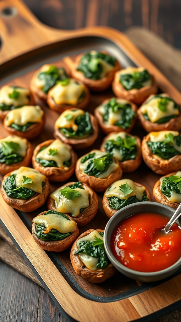 Savory stuffed mushrooms filled with spinach and cheese, served on a wooden platter with marinara sauce.